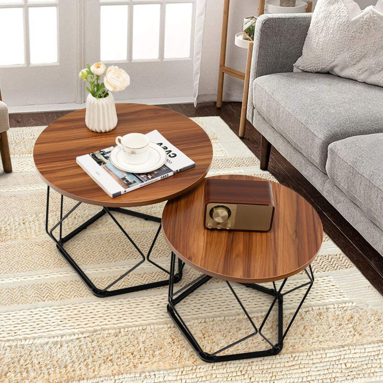 Set of 2 Modern Round Coffee Table with Pentagonal Steel Base-Rustic BrownCostway Gallery View 6 of 11